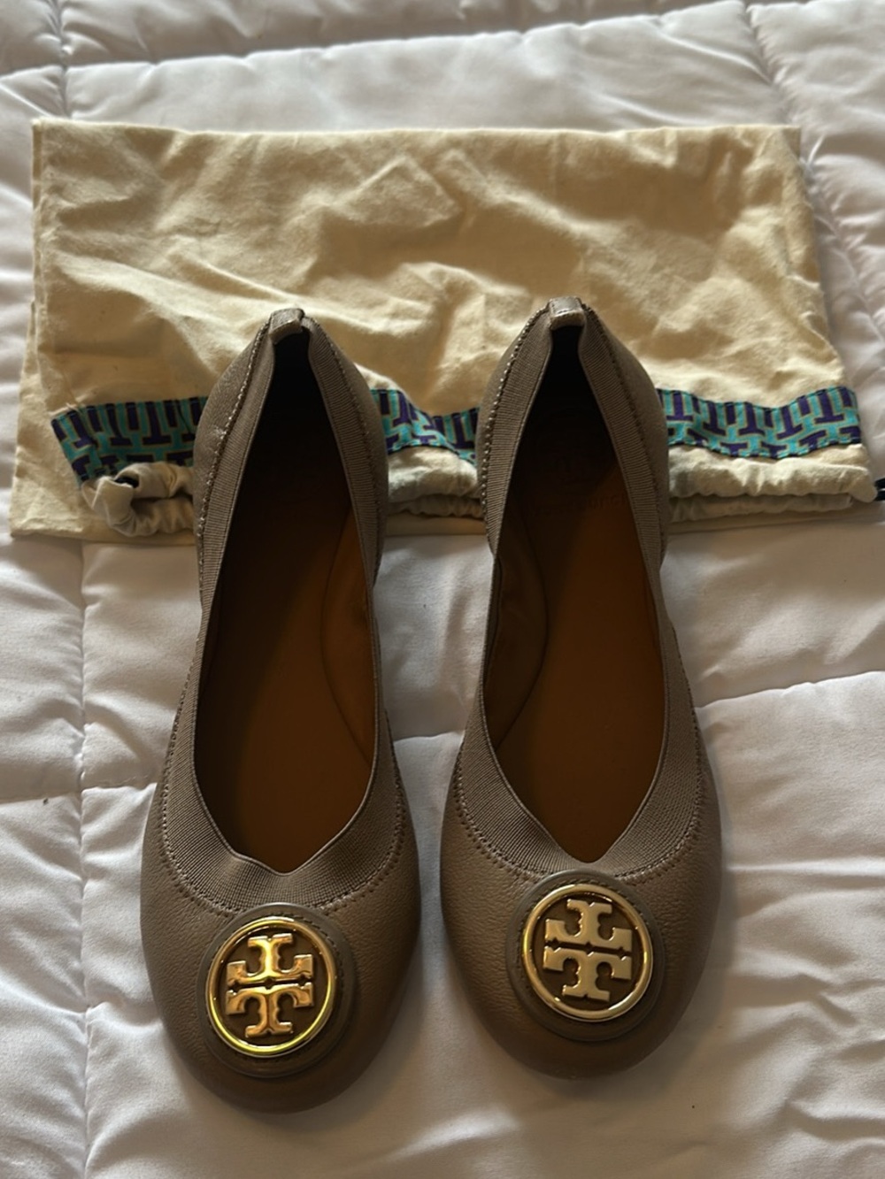 Tory Burch Taupe Leather Logo Round-Toe Flats with Gold Emblem